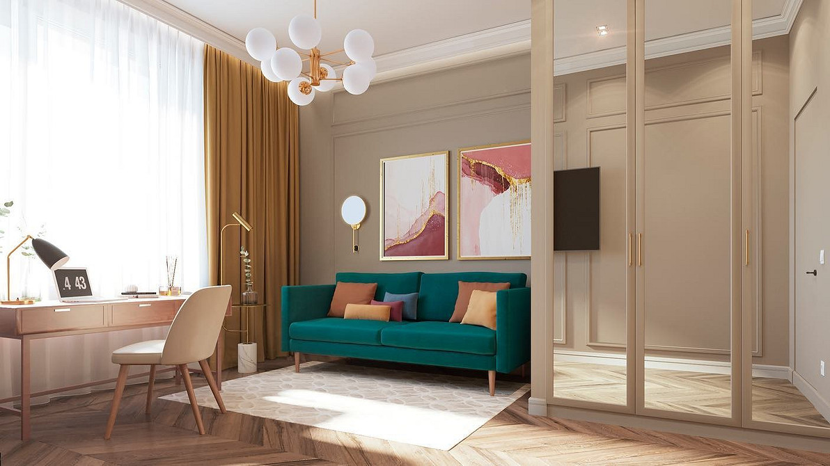 Дзеркальна шафа-купе у вітальні: практичне та стильне рішення для зберігання речей.