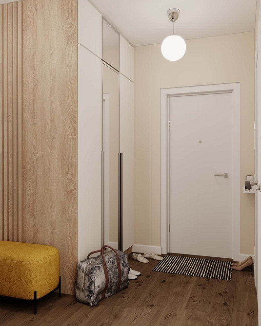 Дзеркальна шафа у вітальні з елегантним дизайном та відображенням світла.