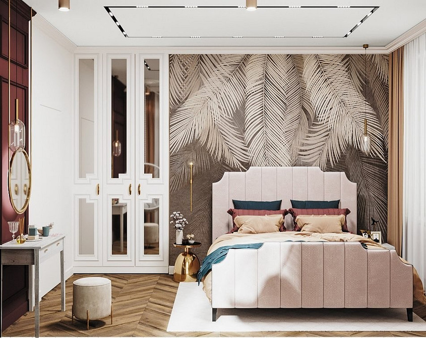 Інтер'єр кімнати з великою дзеркальною шафою від підлоги до стелі