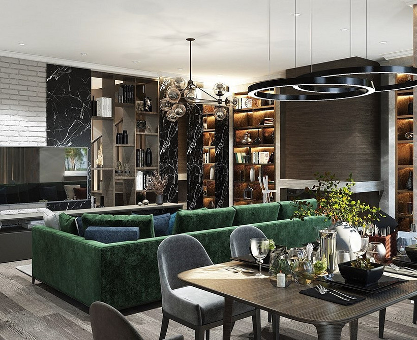 М'ятний диван у світлій вітальні з великим вікном та декоративними рослинами, салатовий колір.