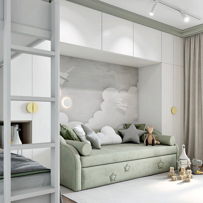 Зелений диван у мінімалістичному інтер'єрі з акцентом на текстиль та кольори.