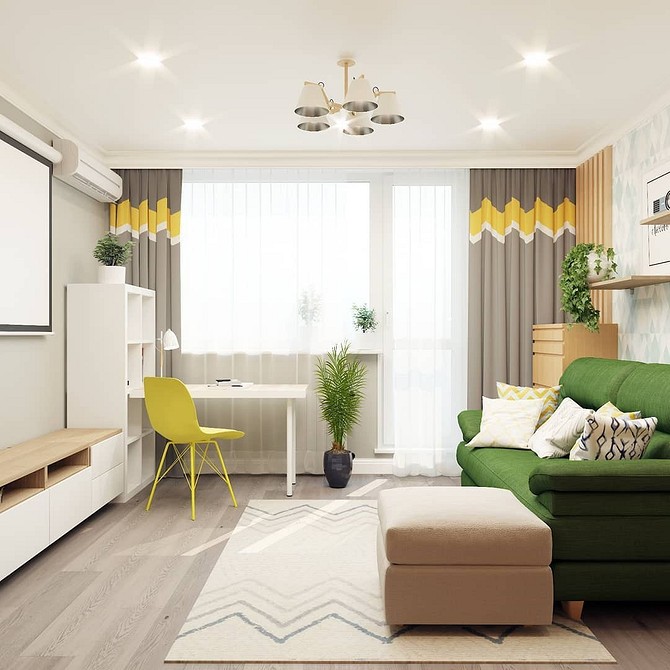 Вітальня з зеленим кутовим диваном та килимом в тон