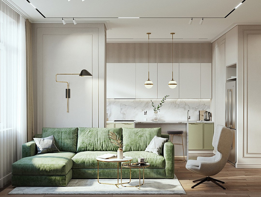 Зелений диван в мінімалістичному інтер'єрі з акцентом на кольори в інтер'єрі