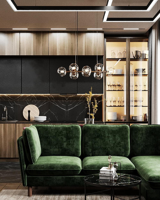 Інтер'єр з зеленим диваном, декоративними подушками та підібраними шторами для вітальні.