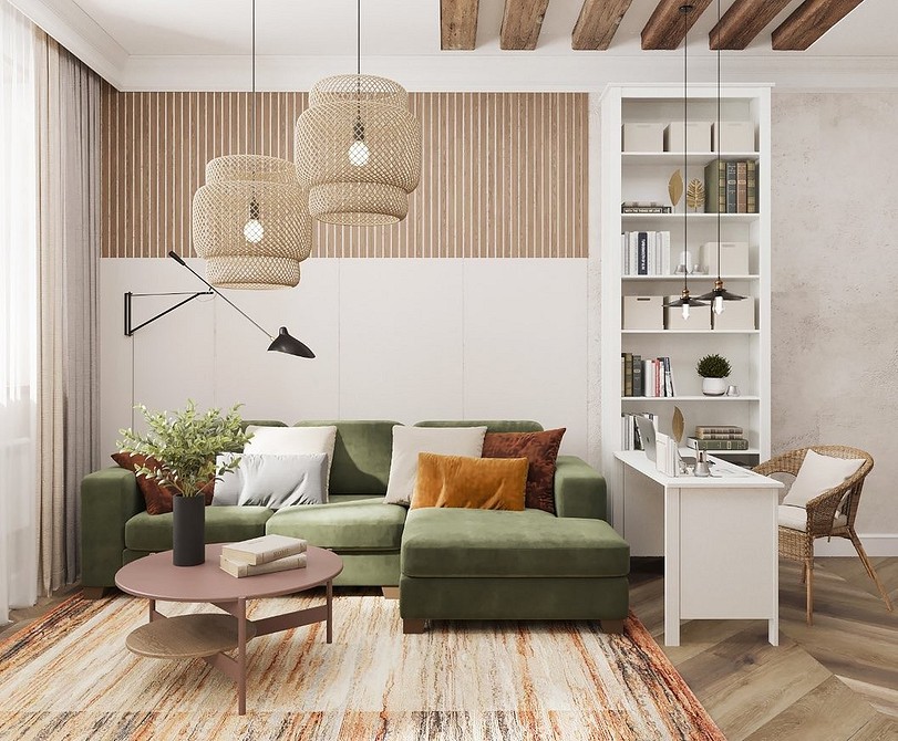 Сучасний інтер'єр з зеленим диваном, текстилем та світлими стінами.