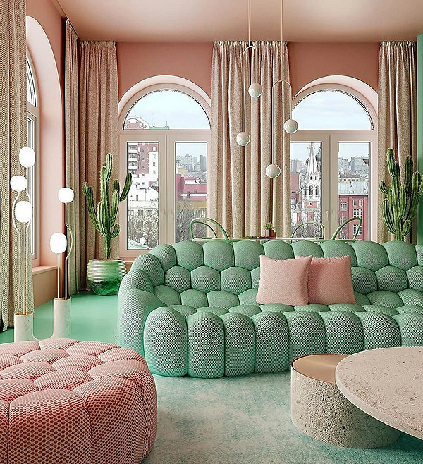 Поєднання зеленого дивана з дерев'яними елементами в інтер'єрі