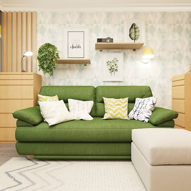 Дизайн вітальні з темно-зеленим диваном та жовтими акцентами