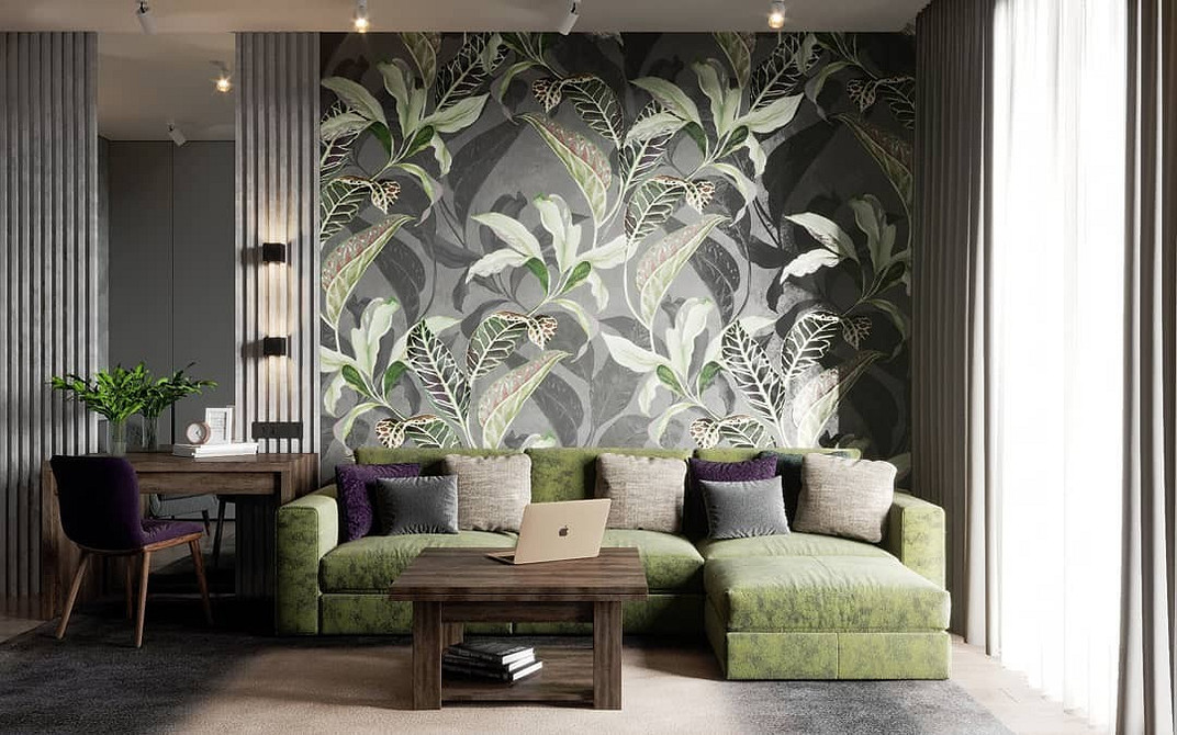 Зелений диван у поєднанні з килимом і шторами, текстиль для дому