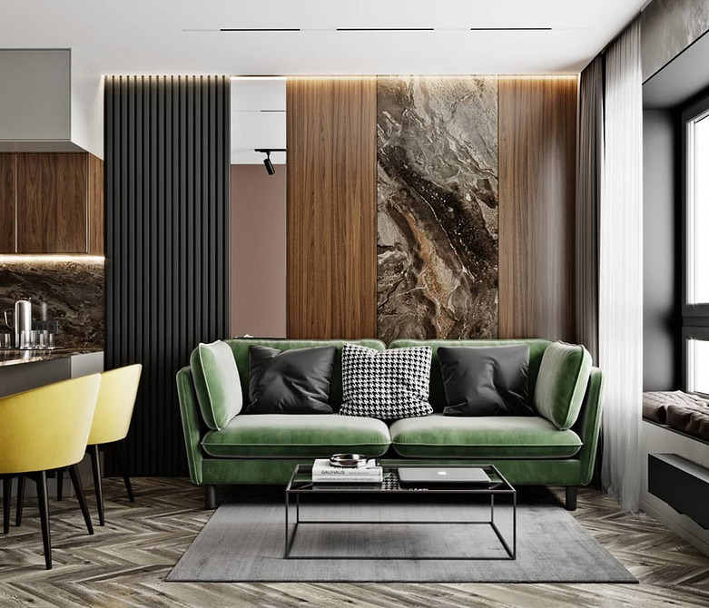 Вітальня з зеленим диваном, шторами для дому та декоративними подушками в тон