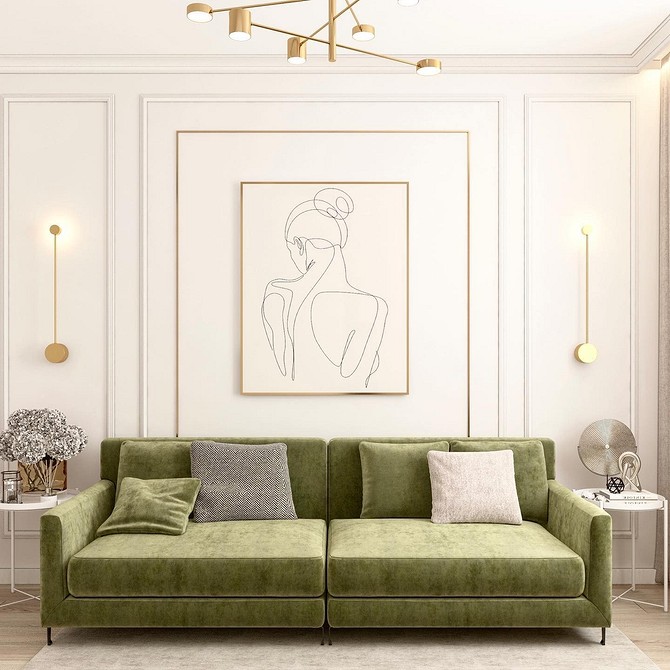 Зелений диван з рослинним принтом в екологічному інтер'єрі вітальні