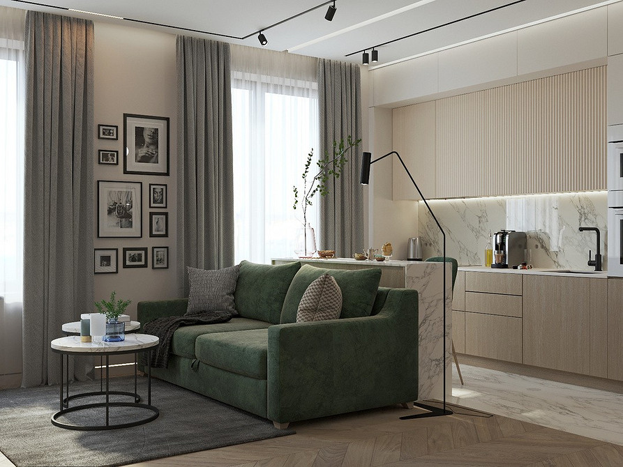Сучасний інтер'єр з зеленим диваном, шторами для дому та стильним декором