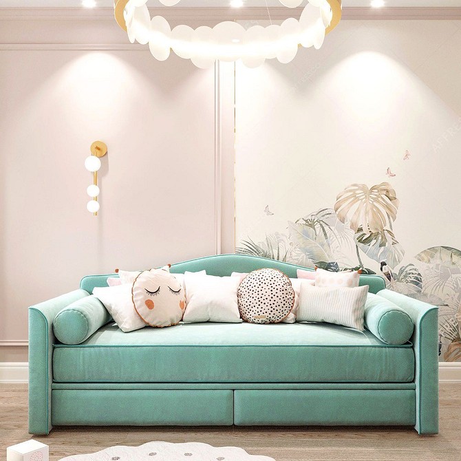 Інтер'єр вітальні з яскраво-зеленим диваном та кольоровими подушками