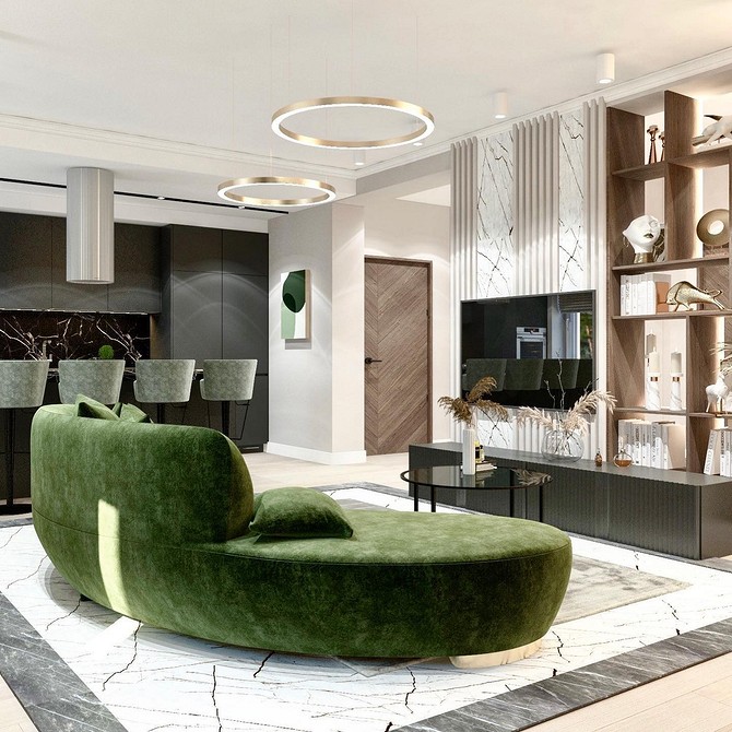 Зелений шкіряний диван в класичному інтер'єрі з книжковими полицями