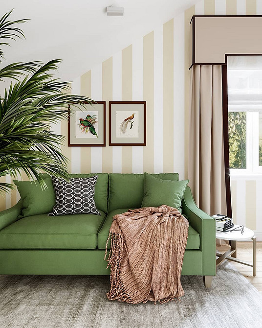 Зелений диван в мінімалістичному інтер'єрі, підкреслений кольорами та шторами для дому.