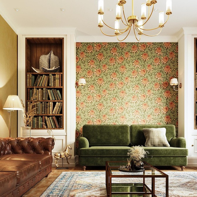 Стильний зелений диван у вітальні з подушками різних кольорів та фактур