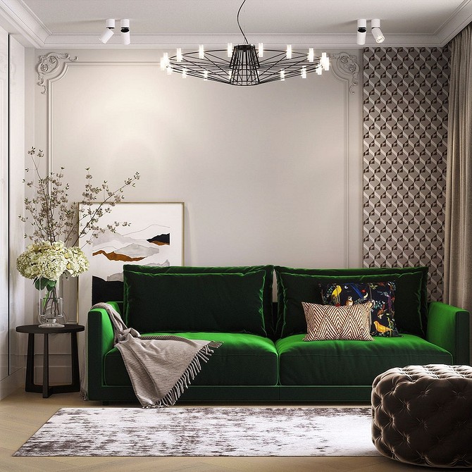 Зелений велюровий диван в сучасній вітальні з жовтими акцентами.