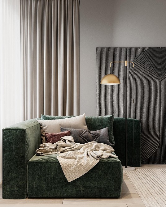 Дизайн вітальні з зеленим диваном, акцент на кольорах в інтер'єрі.