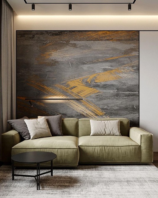 Світла вітальня з кутовим зеленим диваном та панорамними вікнами