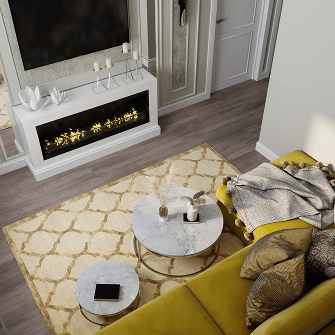 Жовтий шкіряний диван в сучасному інтер'єрі з металевими елементами та скляним столиком.