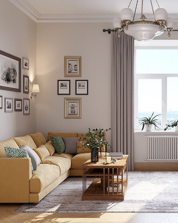 Жовтий диван в мінімалістичному інтер'єрі з сірими стінами та чорними акцентами.