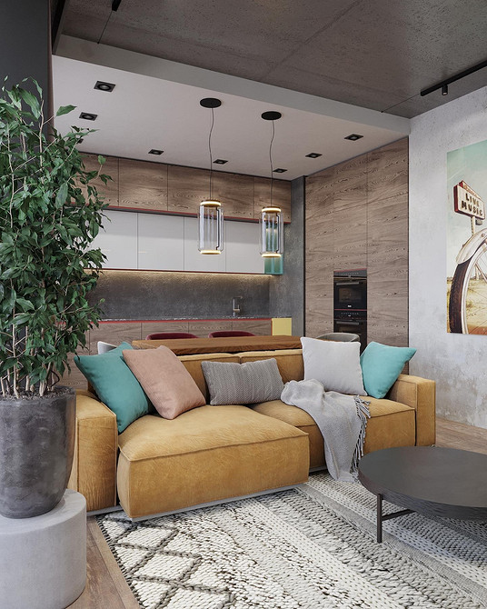 Дизайн інтер'єру дитячої кімнати з жовтим диваном та іграшками на полицях.