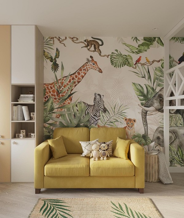 Інтер'єр кухні з жовтим диваном, обіднім столом та великими вікнами, кольори для кухні