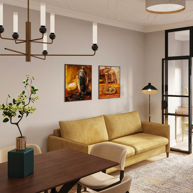 Вітальня з жовтим диваном, журнальним столиком та великою картиною на стіні