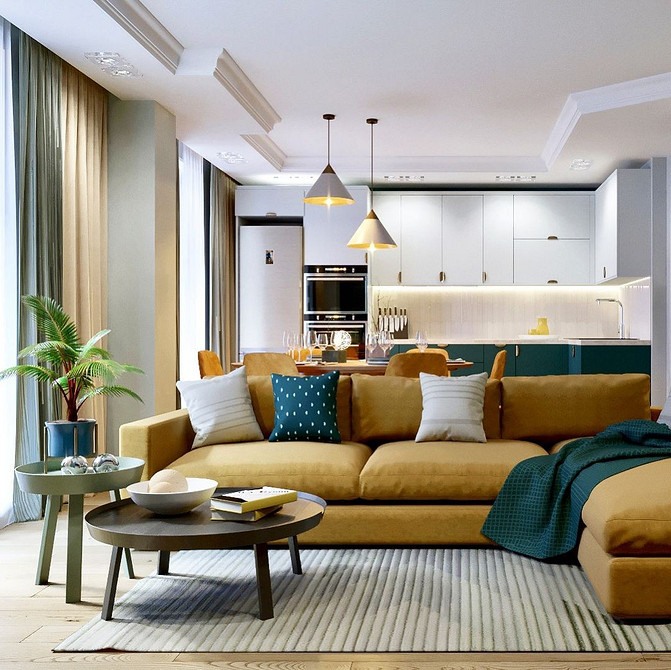 Сучасна вітальня з жовтим диваном, дерев'яним столиком та килимом з геометричним візерунком