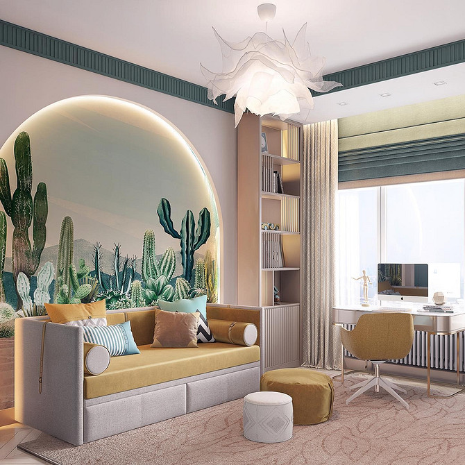 Жовтий диван з різнокольоровими подушками у вітальні, кольоровий дизайн інтер'єру