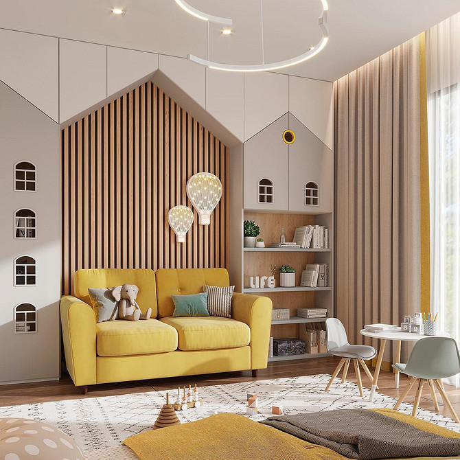 Вітальня з жовтим диваном, книжковими полицями та декоративними рослинами, дизайн інтер'єру