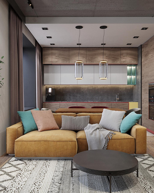 Сучасна кухня з жовтим диваном-куточком, білими шафами та дерев'яною стільницею.