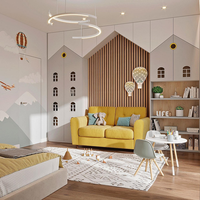 Жовтий кутовий диван в просторій вітальні з сучасним дизайном, диван для вітальні