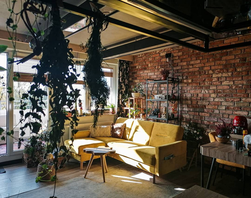 Жовтий диван з текстильною оббивкою в інтер'єрі з рослинами та природним освітленням.
