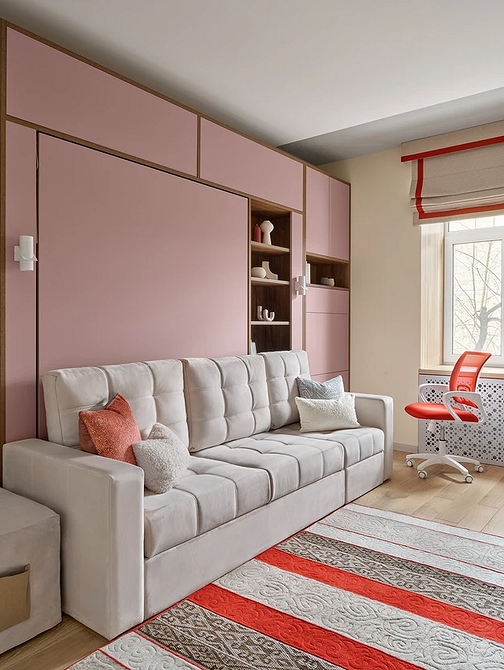 Сучасний інтер'єр вітальні з функціональним кутовим диваном 2026 року.