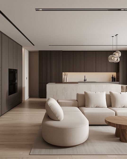 Світлий модульний диван з подушками в інтер'єрі вітальні 2026 року