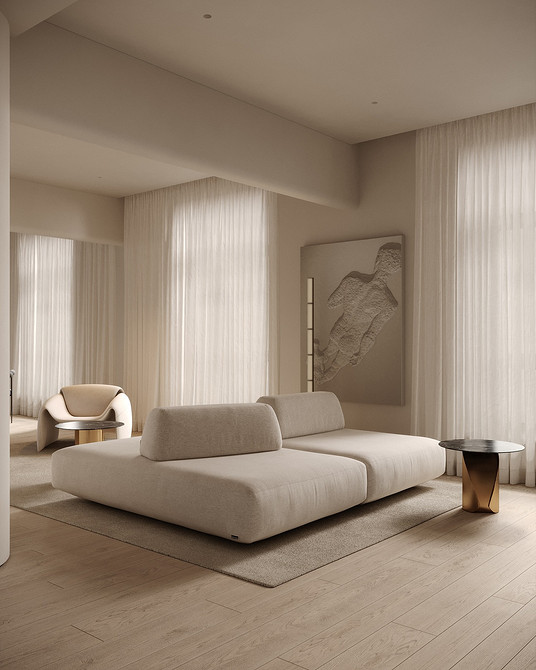 Світлий м'який диван з великою кількістю подушок, тренд дизайну інтер'єру 2026