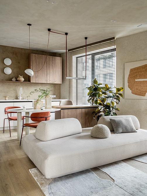 Мінімалістичний диван з однотонною оббивкою, дизайн інтер'єру 2026