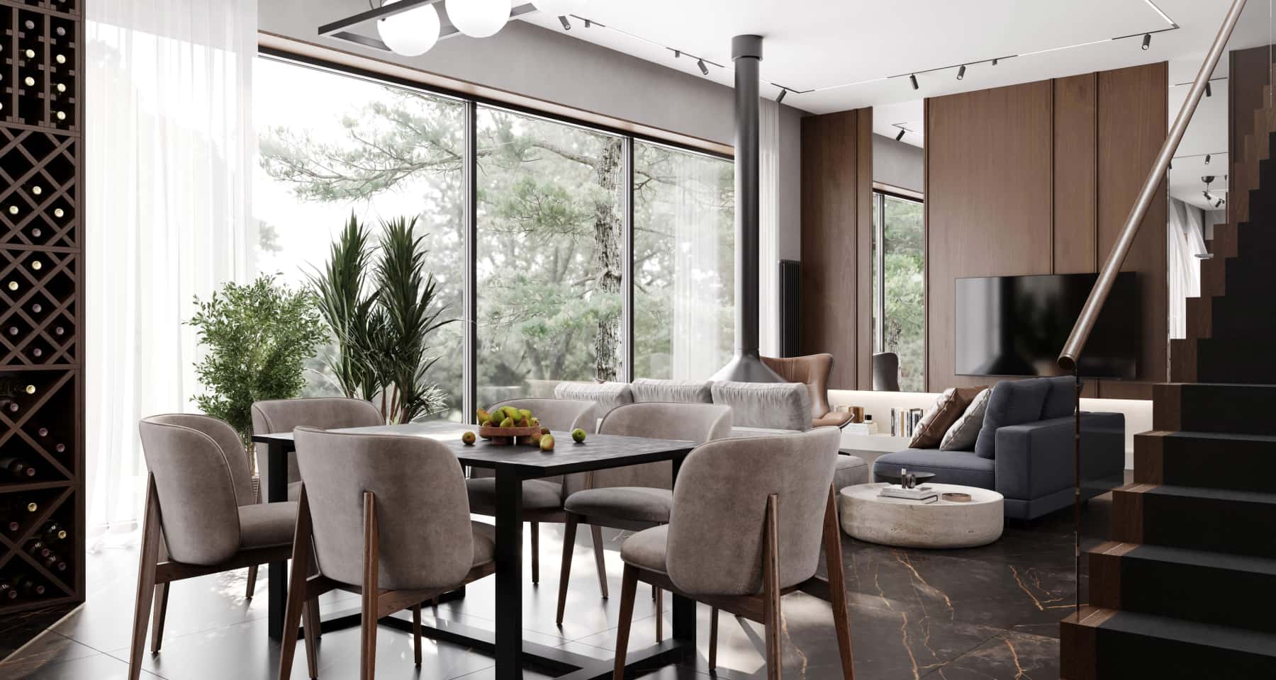 Кухня-вітальня з панорамними вікнами, сучасний стиль 2026, острів, багато простору.