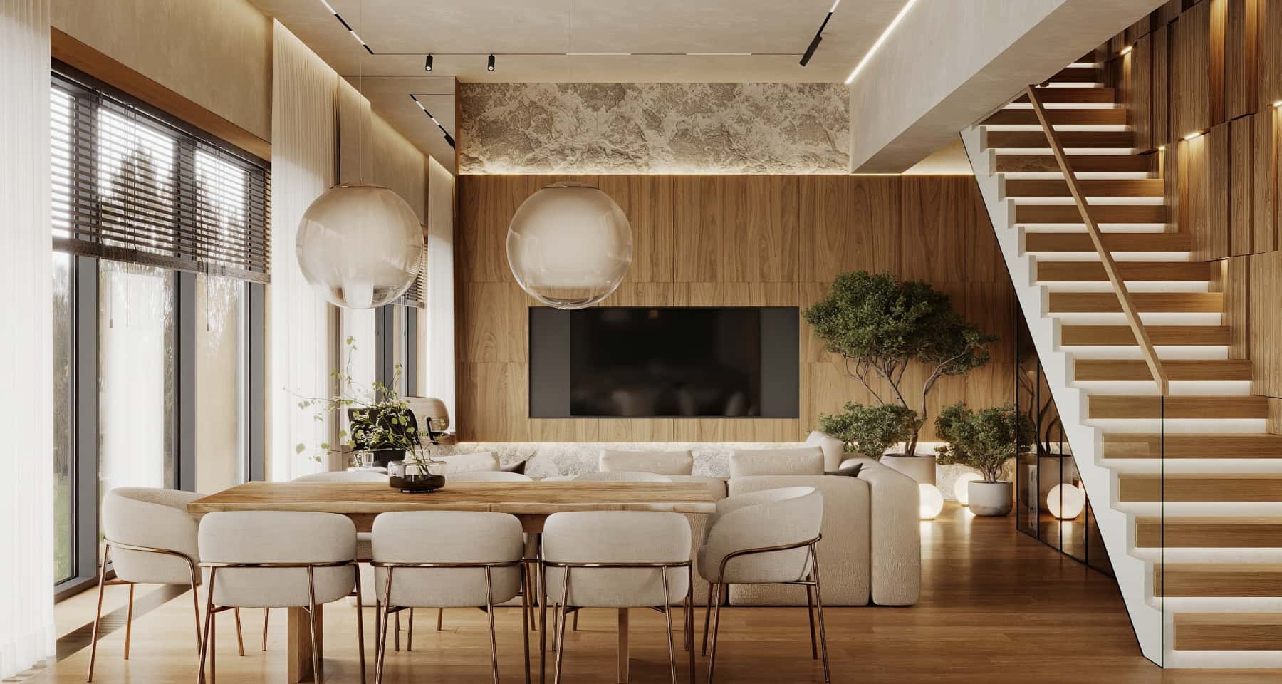 Дизайн кухні-вітальні з панорамними вікнами в сучасному стилі 2026, багато природного світла.