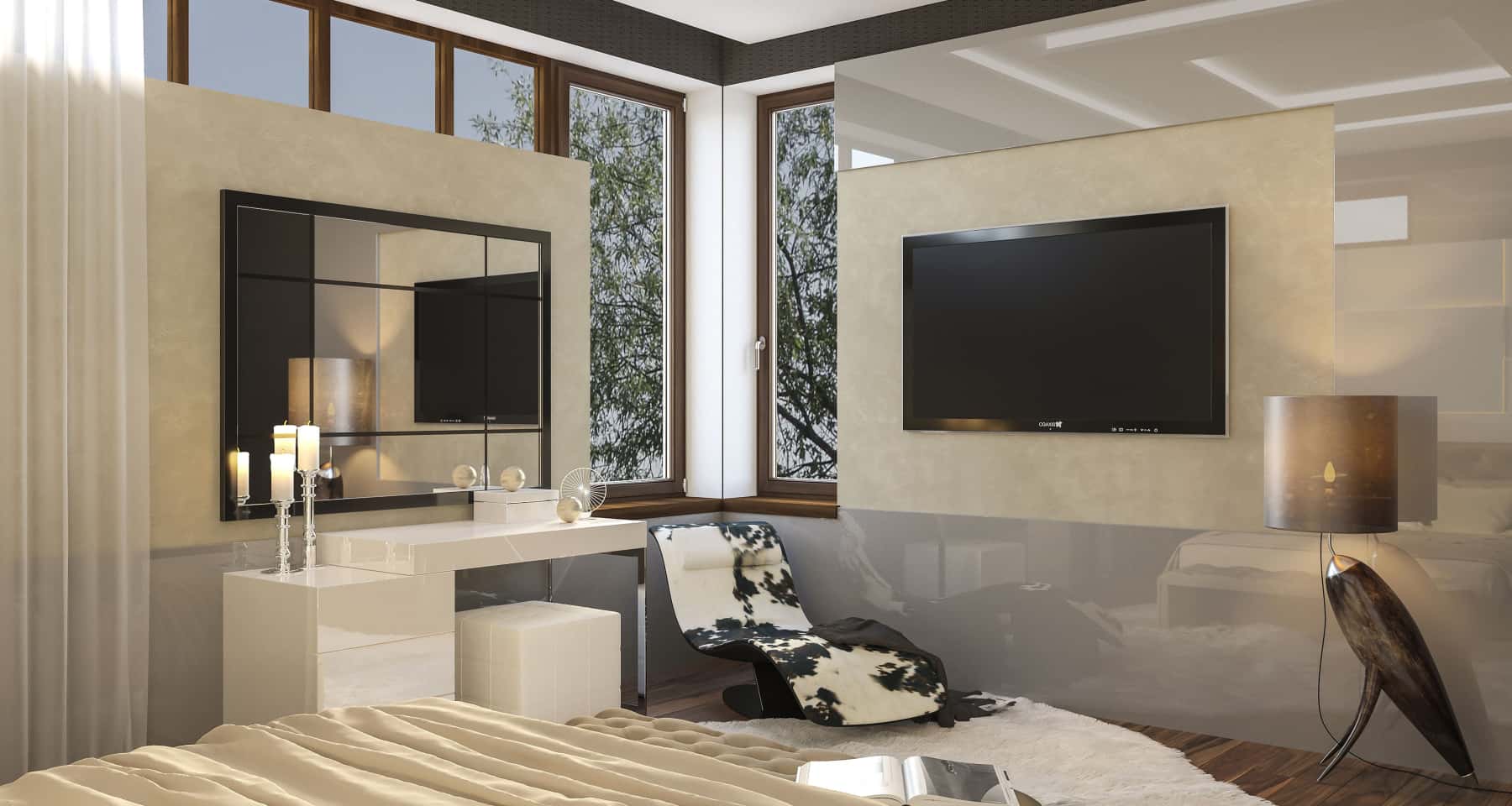 Простора вітальня з панорамними вікнами та м'якими меблями у стилі мінімалізму 2026.