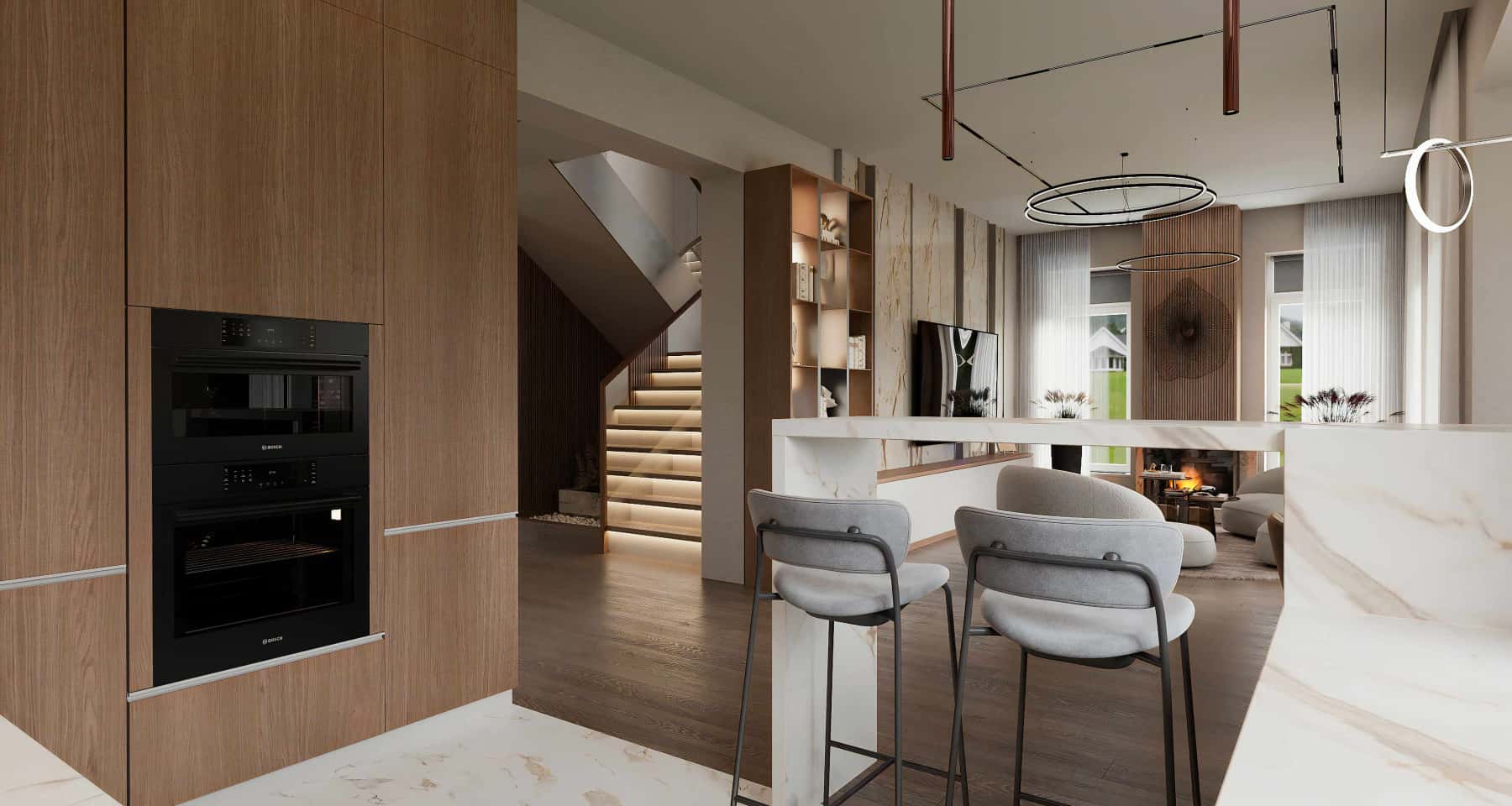 Інтер'єр вітальні з панорамним вікном, що відкриває краєвид на природу 2026