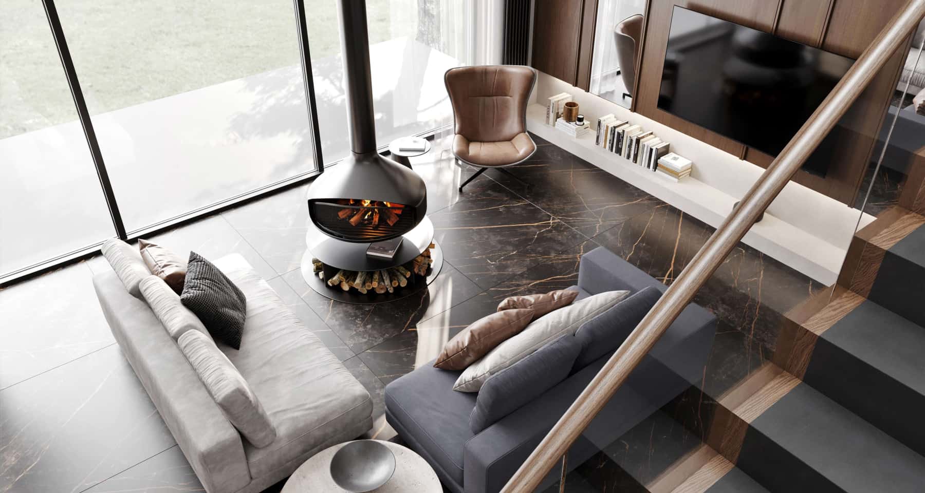 Інтер'єр спальні з панорамними вікнами, мінімалізм, багато природного світла, затишок.