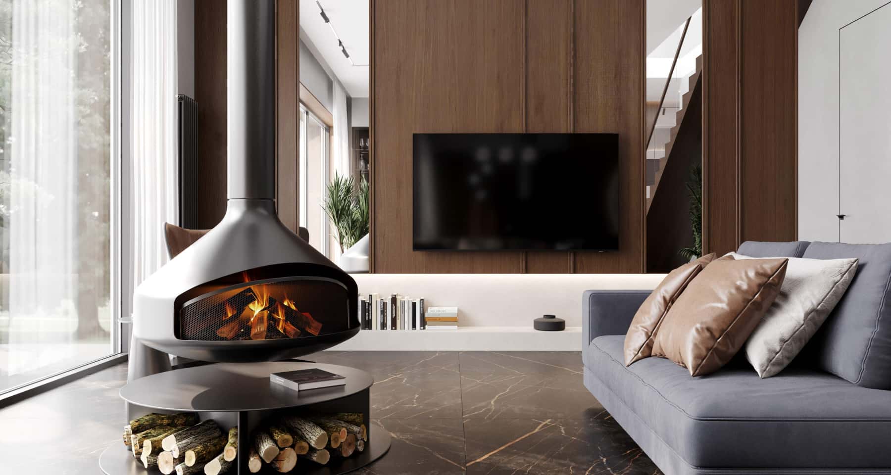 Сучасний дизайн заміського будинку з панорамними вікнами, еко-стиль, гармонія з природою.