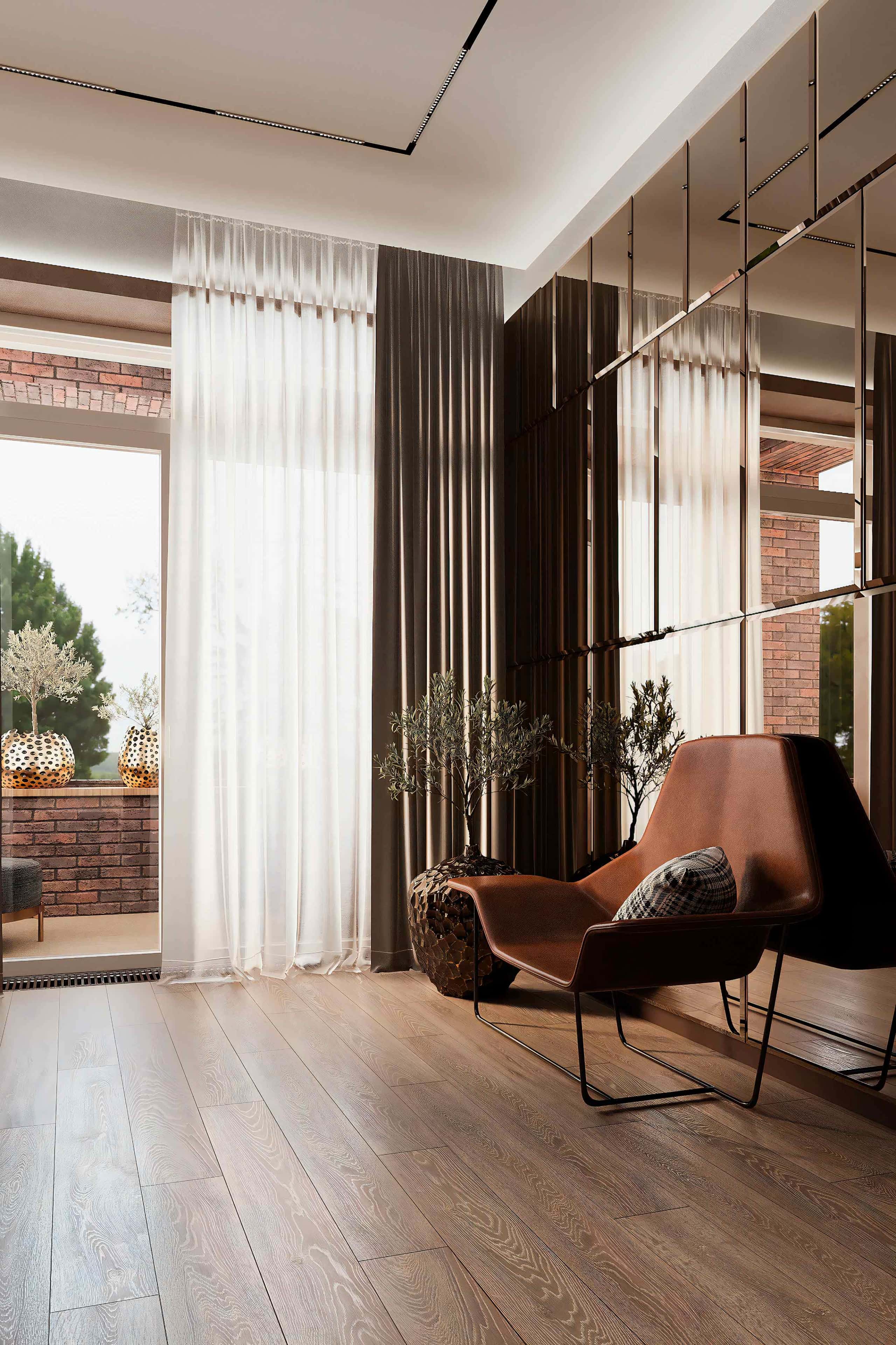 Дизайн інтер'єру з панорамними вікнами та акцентом на природне освітлення