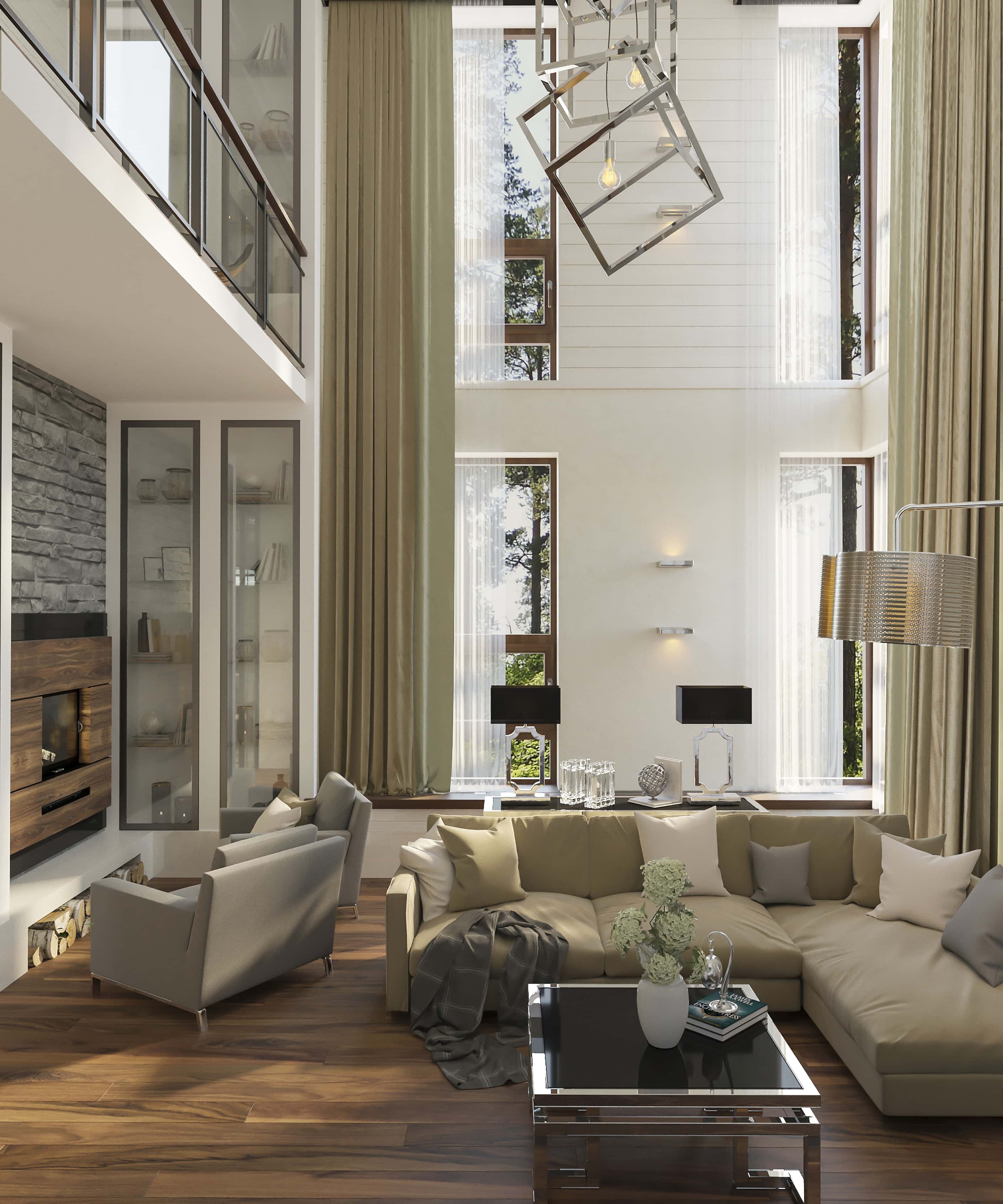 Інтер'єр вітальні з панорамними вікнами та меблями в еко-стилі 2026.