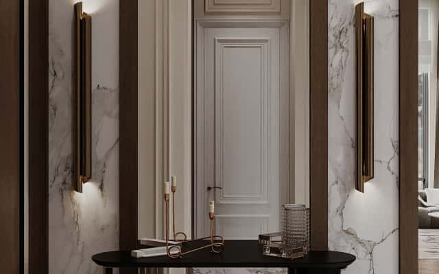 Дизайн інтер'єру 2026: розкішна квартира з використанням чорного мармуру та арт-деко.