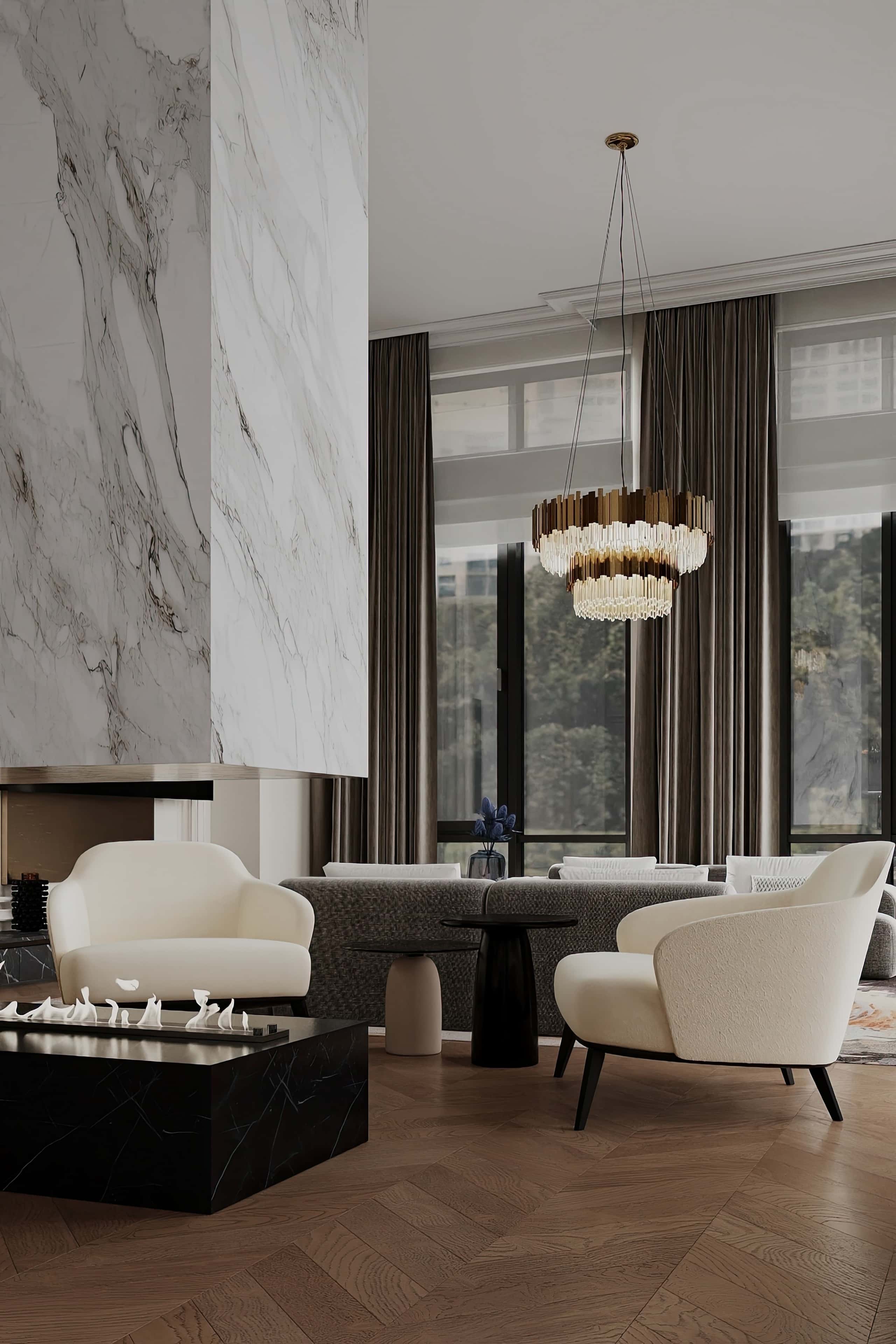 Дизайн інтер'єру преміум-класу з використанням світлих тонів і неокласичних елементів.