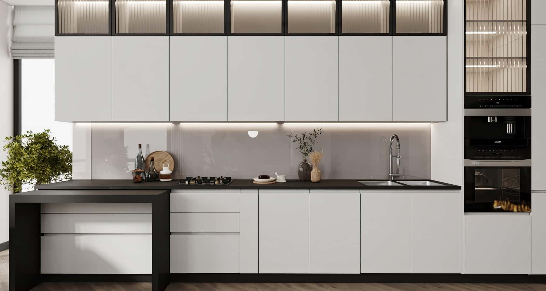 Сучасна світла кухня з великим островом та барною стійкою для сніданків.