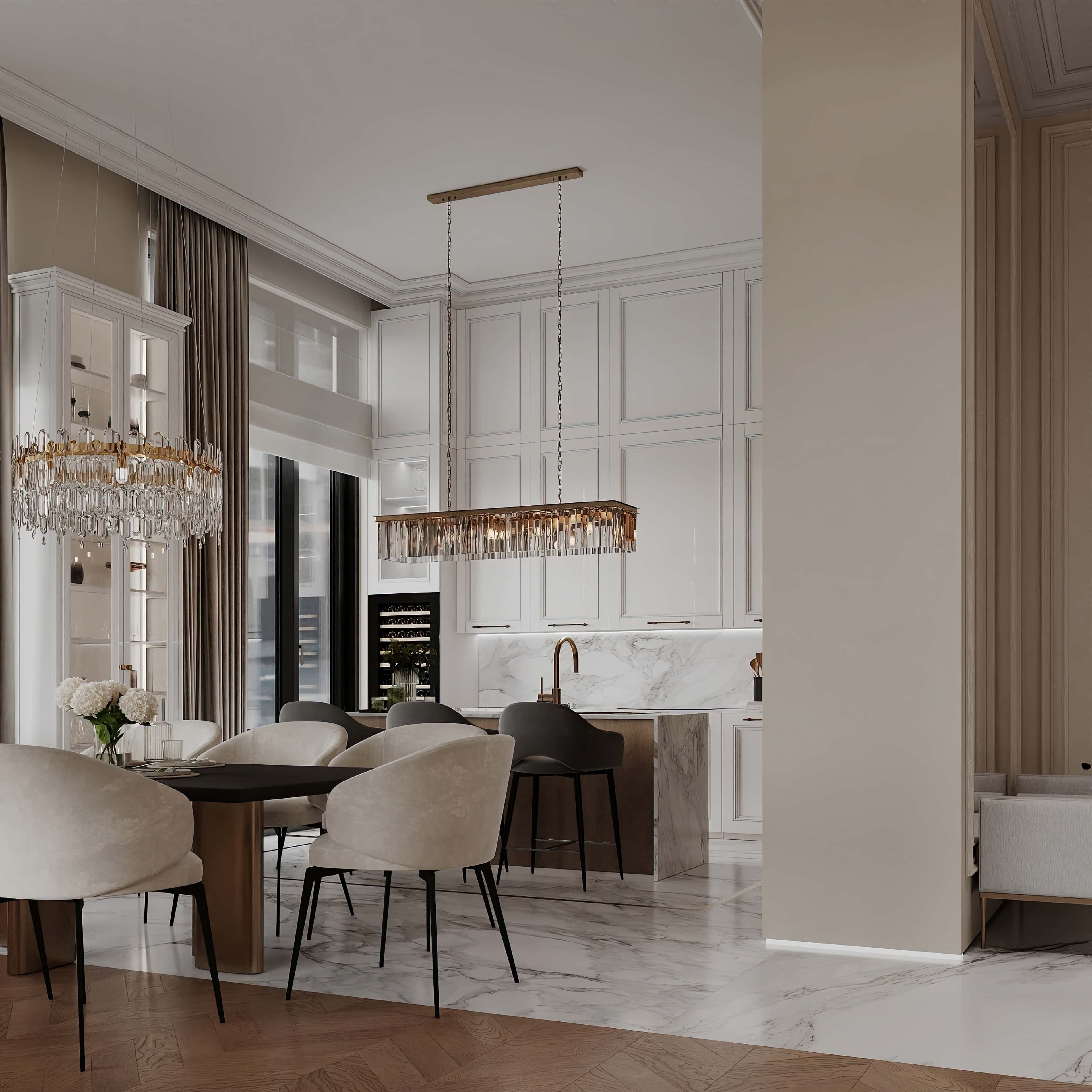 Світла кухня з акцентом на металеві елементи та сучасні світильники.