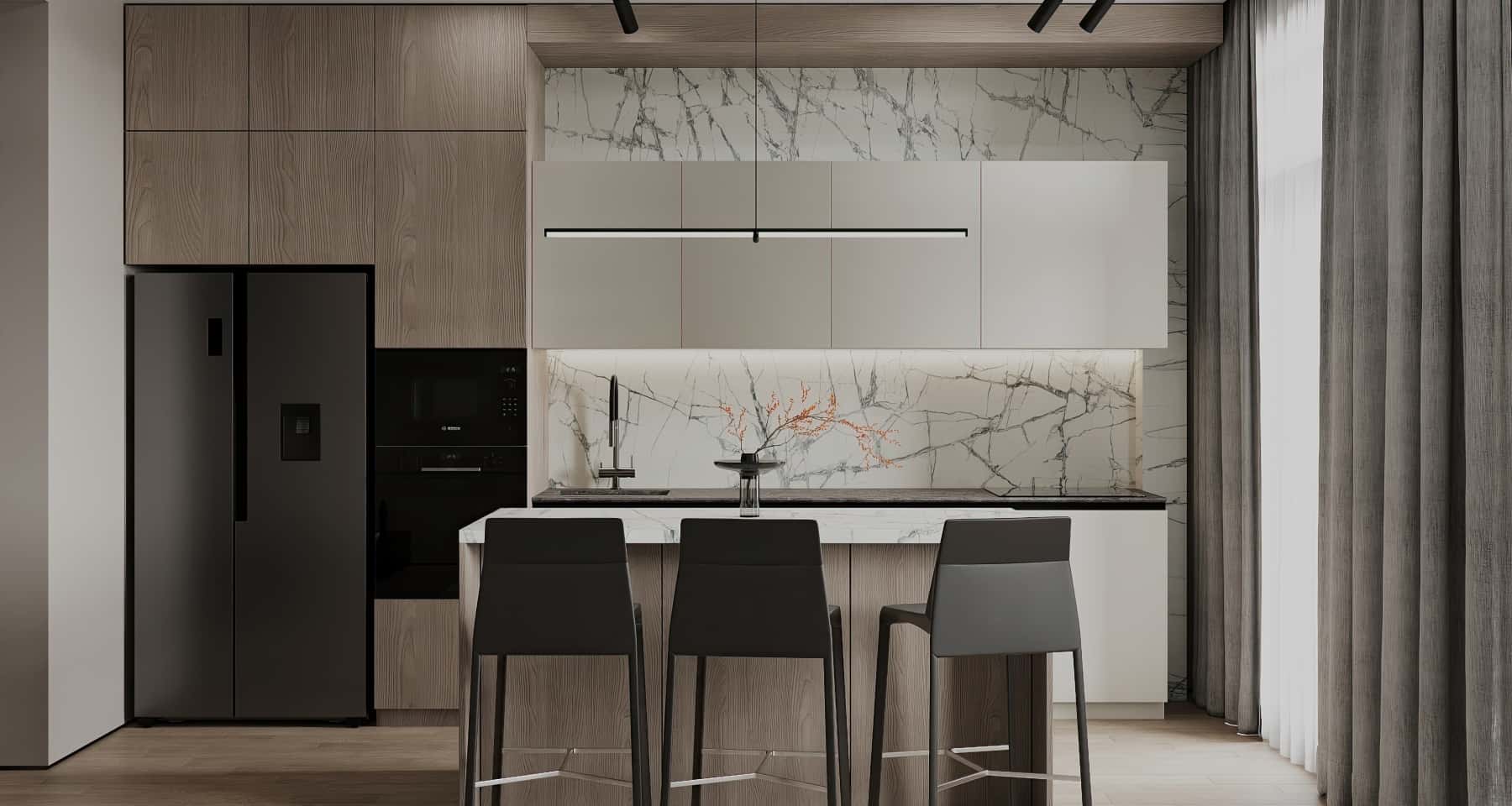 Кухня в світлих тонах з вбудованою технікою та підсвіткою робочої зони